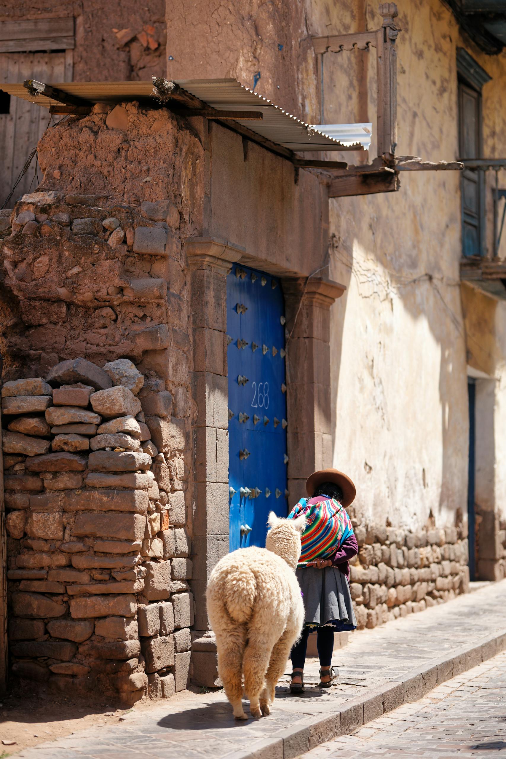 A woman dressed in traditional attire walks with an alpaca in a rustic village street in Cusco, Peru.